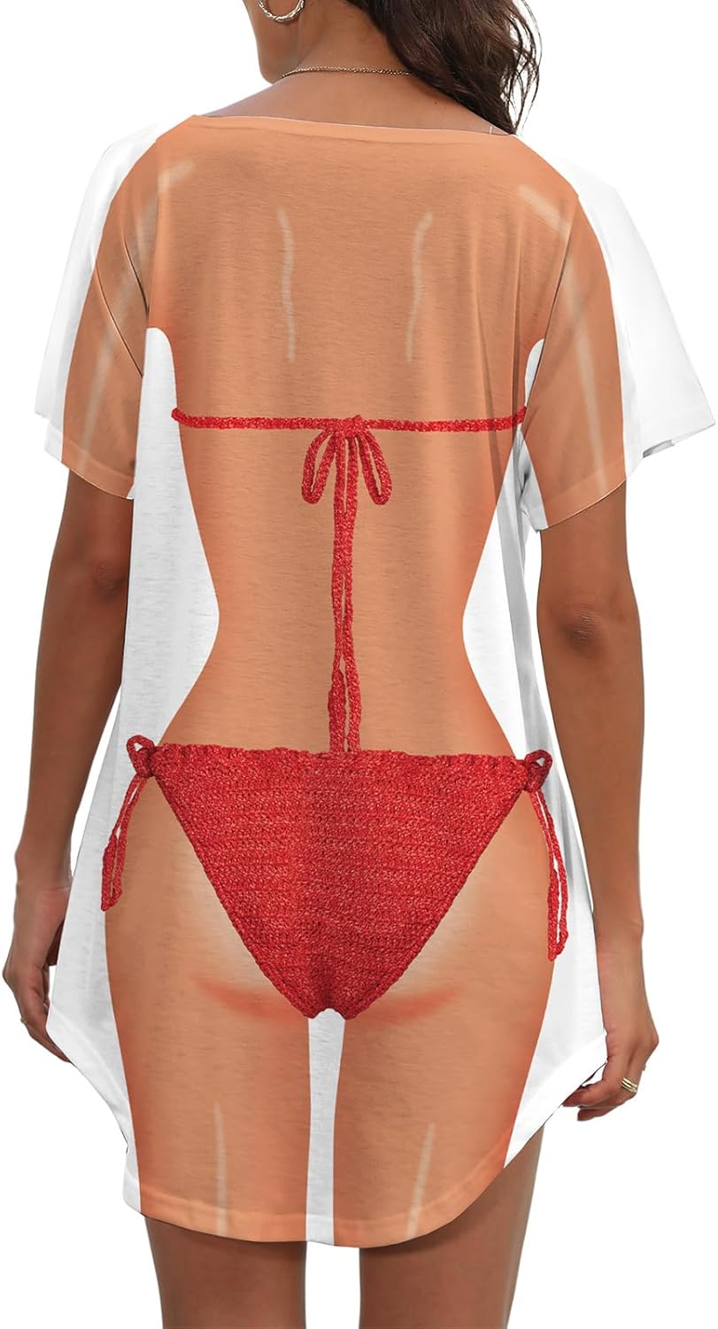 Women's Cute Bikini Printed T Shirt Dress Short Sleeve Baggy Shirt Beach Fun Swimwear Cover Up Dress - Image 4
