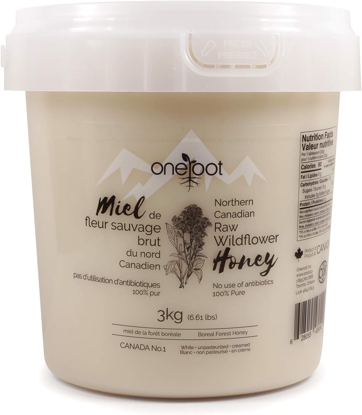 Oneroot 100% Canadian Wildflower Honey - 6.6 lbs, Unheated & Creamed - Nutrient-Rich, Natural Sweetener with Enzymes - Thick & Pure Raw Unfiltered Honey