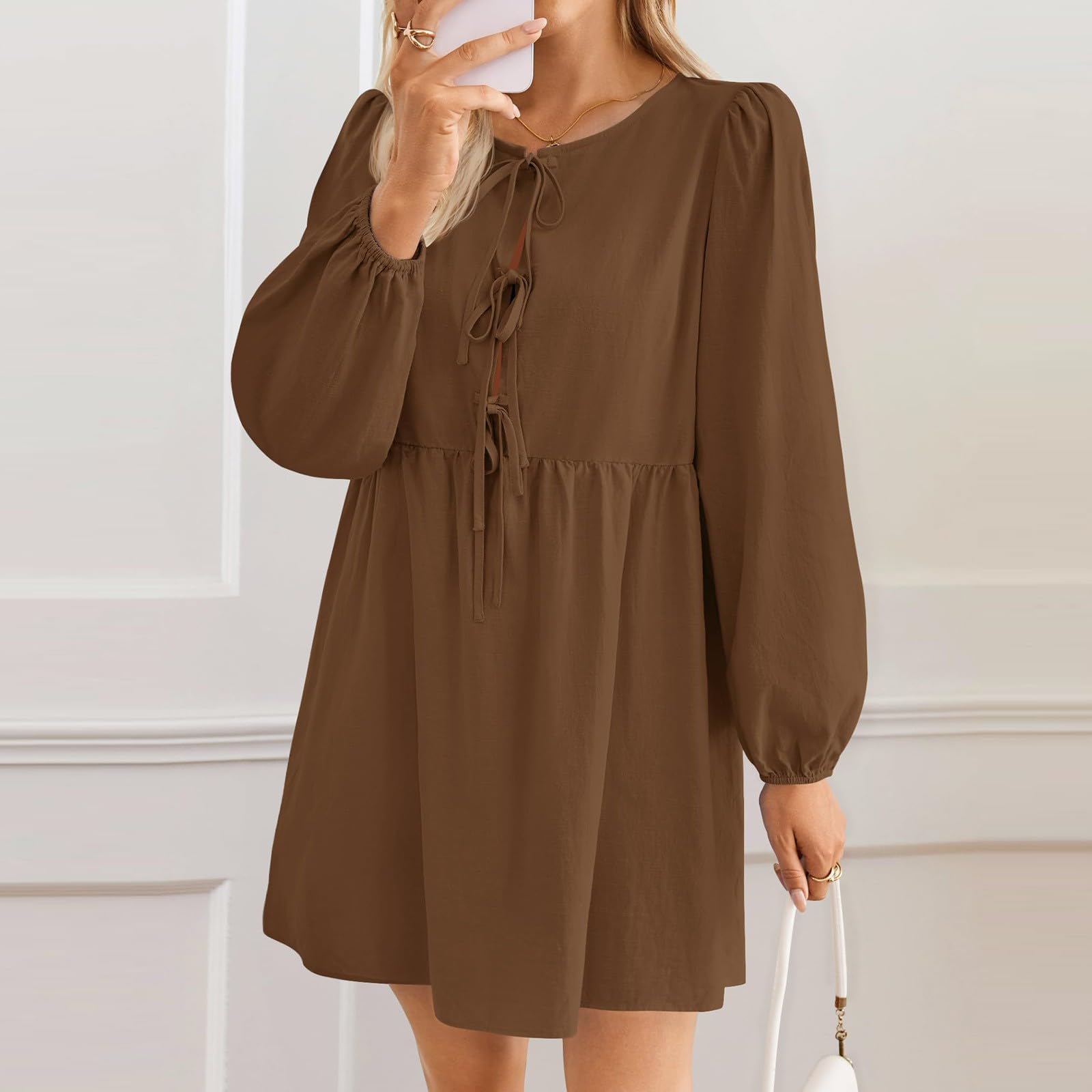 Robe Mini péplum à Manches Longues Bouffantes et nœud Papillon sur Le Devant pour Femme, Robes d'automne,Robe Courte à Volants en Ligne A, Robe Tunique Fluide Mignonne (Dark Brown,M)
