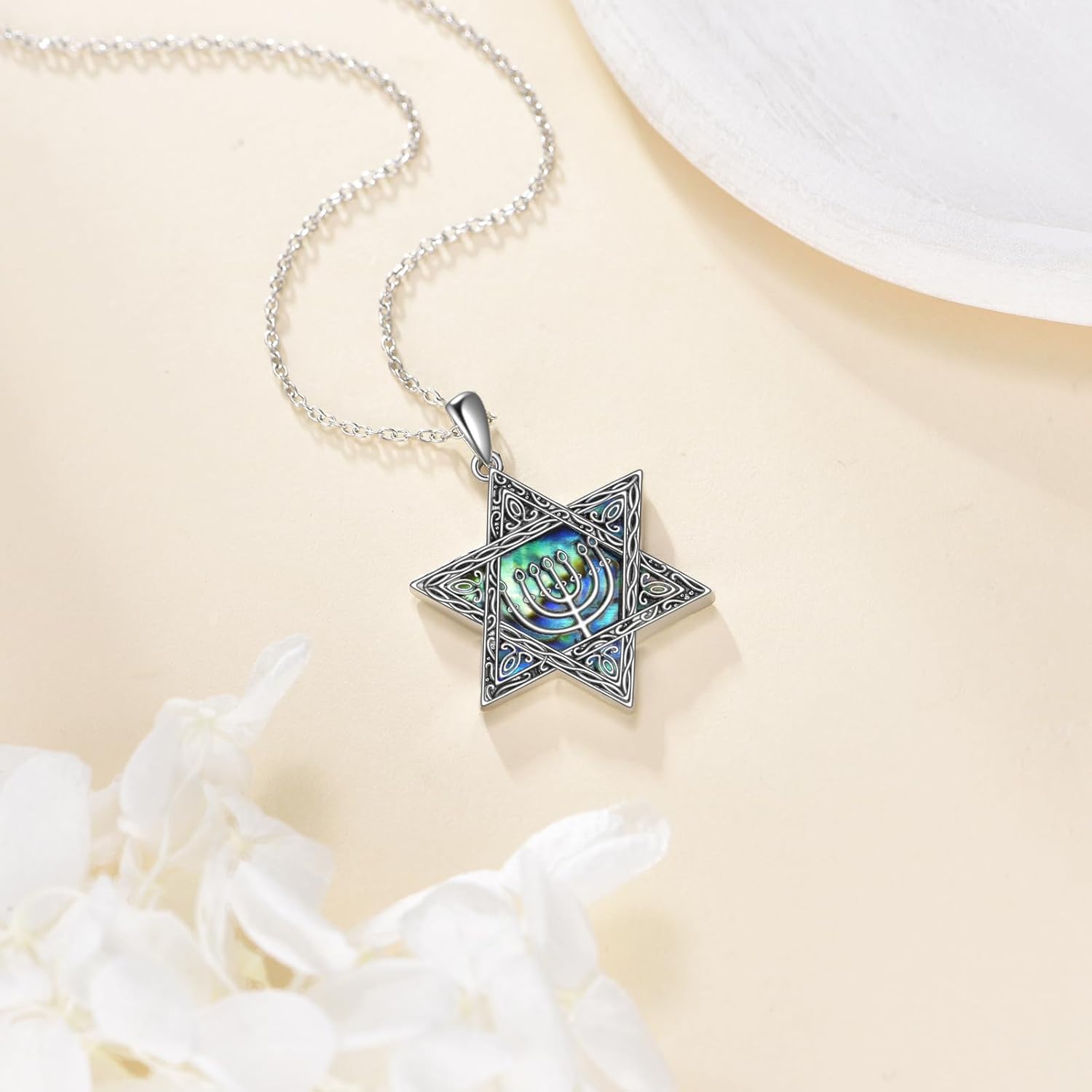 VONALA Star of David Necklace S925 Sterling Silver Hexagonal Star Pendant Abalone Shell Jewish Necklace Estrella de David Jewish Jewelry Gifts for Men Women - Image 2