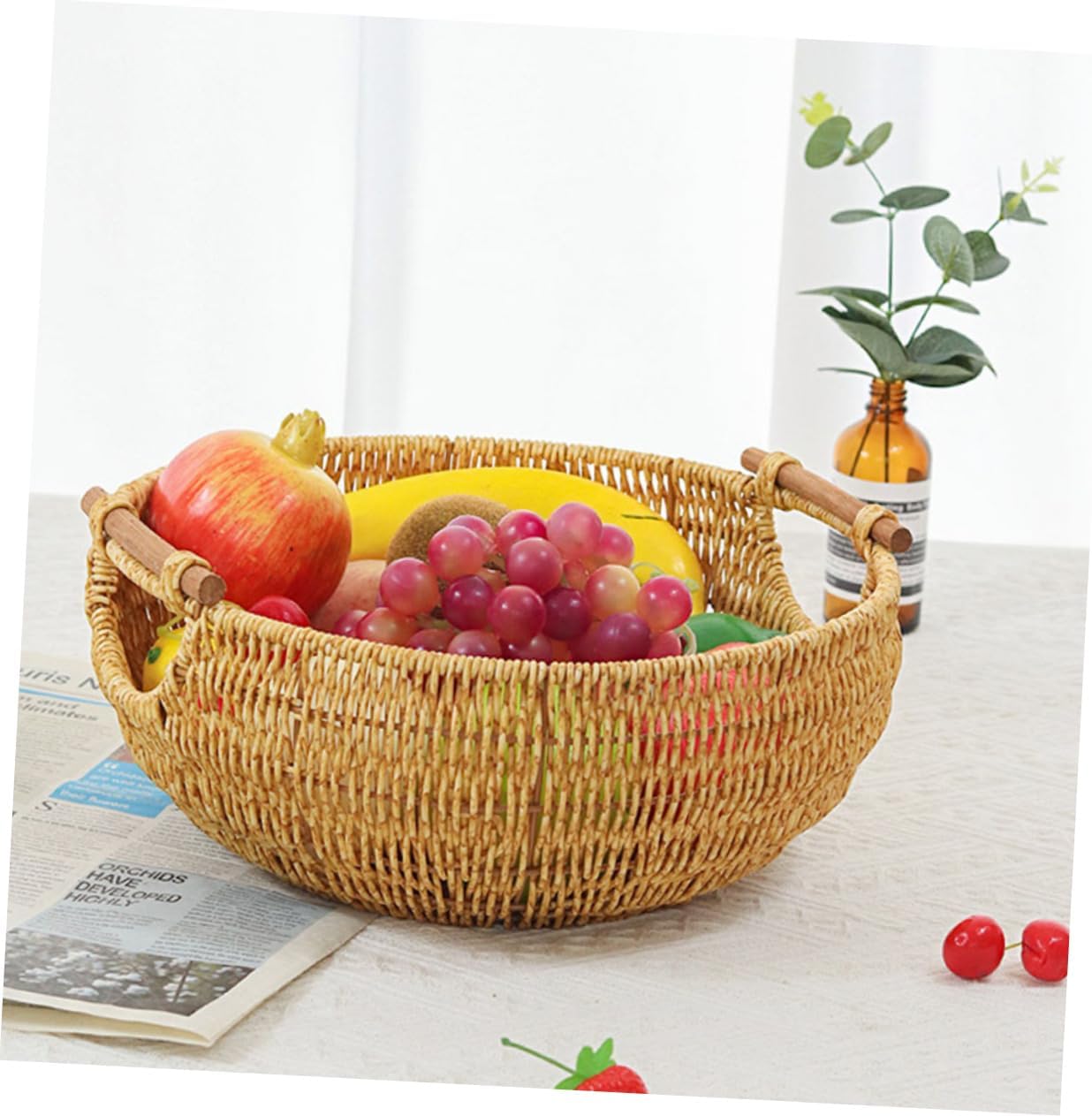 Woven Storage Basket with Double Handles Hand Woven Picnic Basket for Home Organization Rustic Imitation Rattan Design for Storing Sundries and Eggs Decorative Desktop Accessory