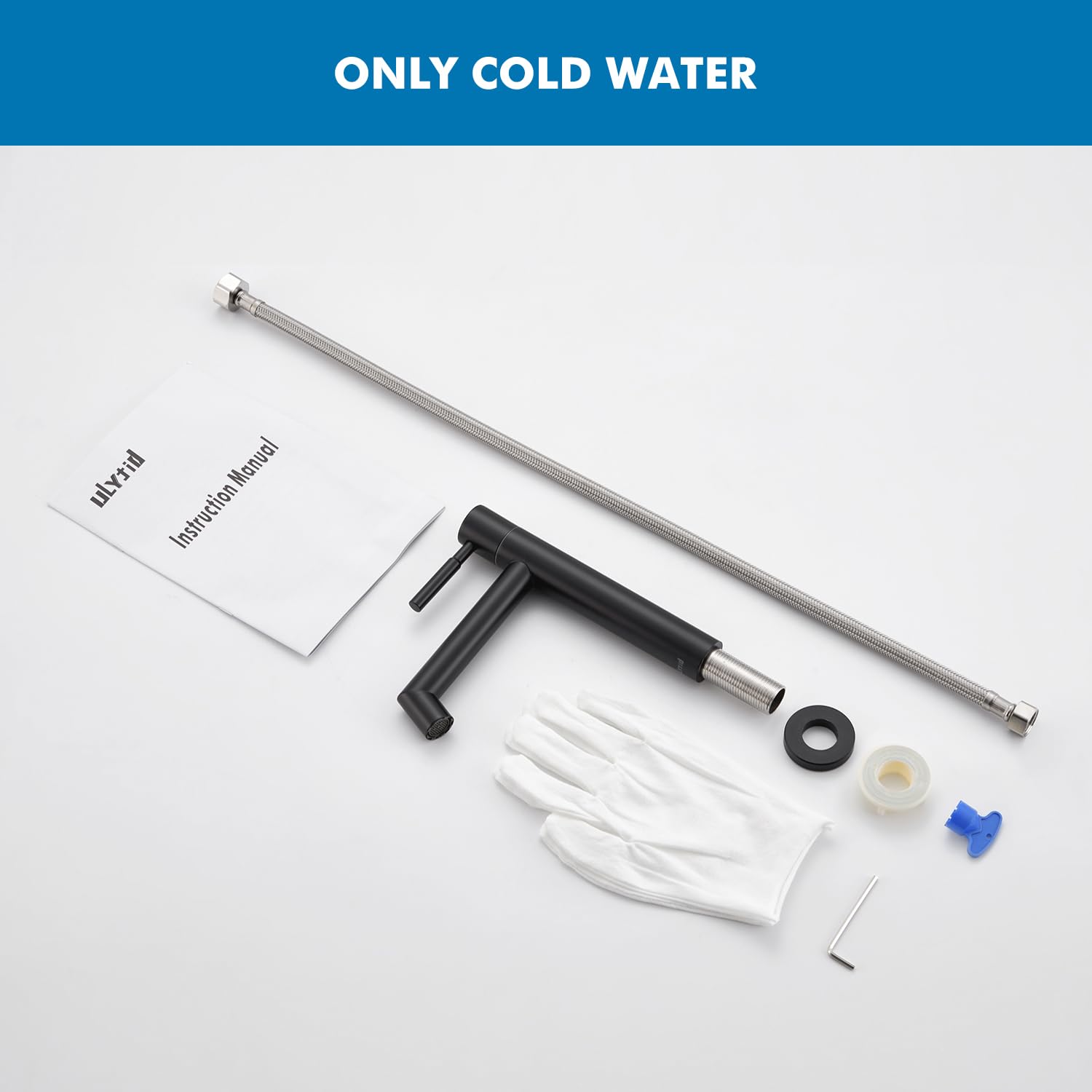 Robinet Eau Froide Uniquement Noir, Robinet Lave Main Salle Bain avec Mousseur Amovible, Acier Inoxydable avec Hauteur sous Bec 113 mm pour WC Invités