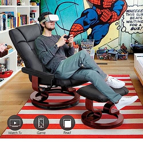 Mcombo Swiveling Recliner Chair With Wrapped Wood Base And Matching Ottoman Footrest, Furniture Casual Chair, Faux Leather 9019 (Black) #TOP4