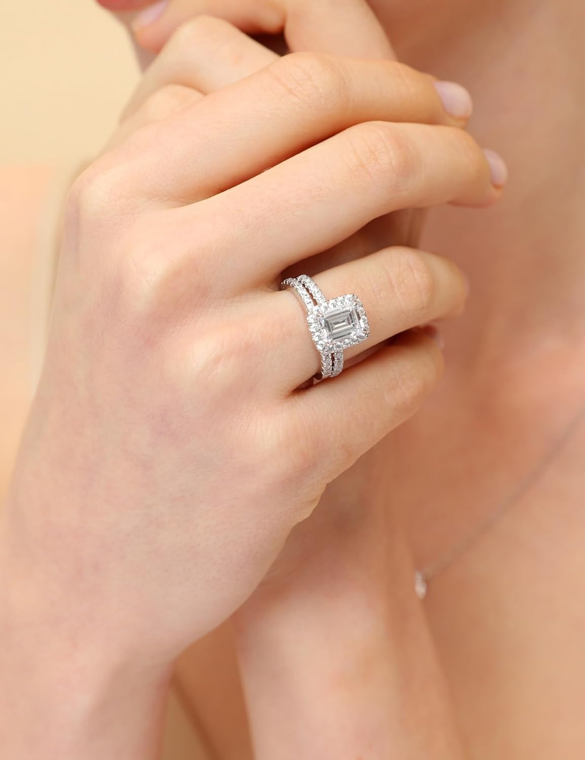 EAMTI 2CT 925 Sterling Silver Bridal Ring Sets Emerald Cut CZ Engagement Vintage Promise Rings Wedding Bands for Women Size 3-12