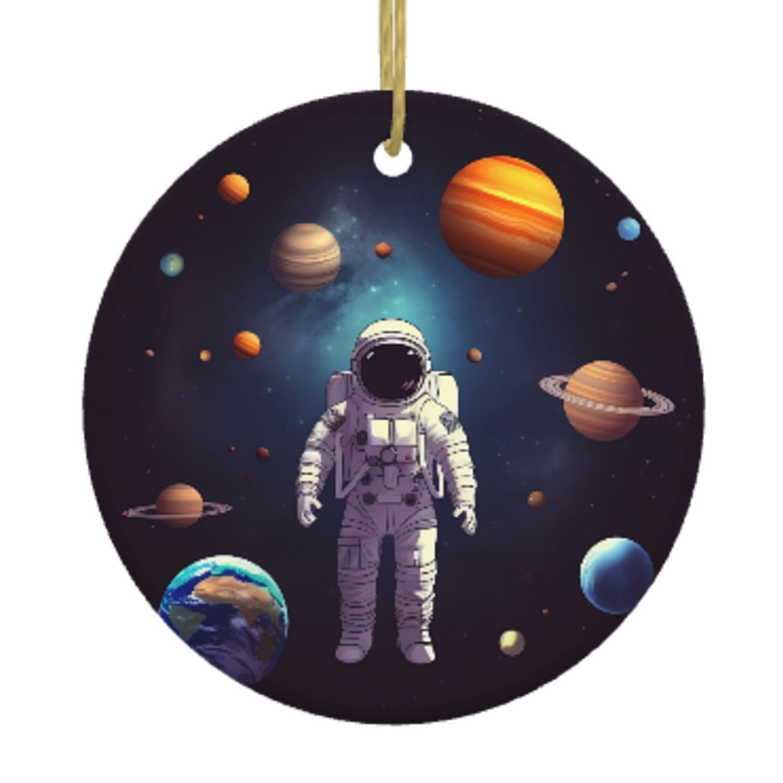 Ceramic Christmas Tree Hanging Ornaments with Gold Ropes Christmas Tree Decorations Round Ceramic Astronaut Solar System Planets Pendant Keepsake Decorations for Holiday Xmas Gift Ideas