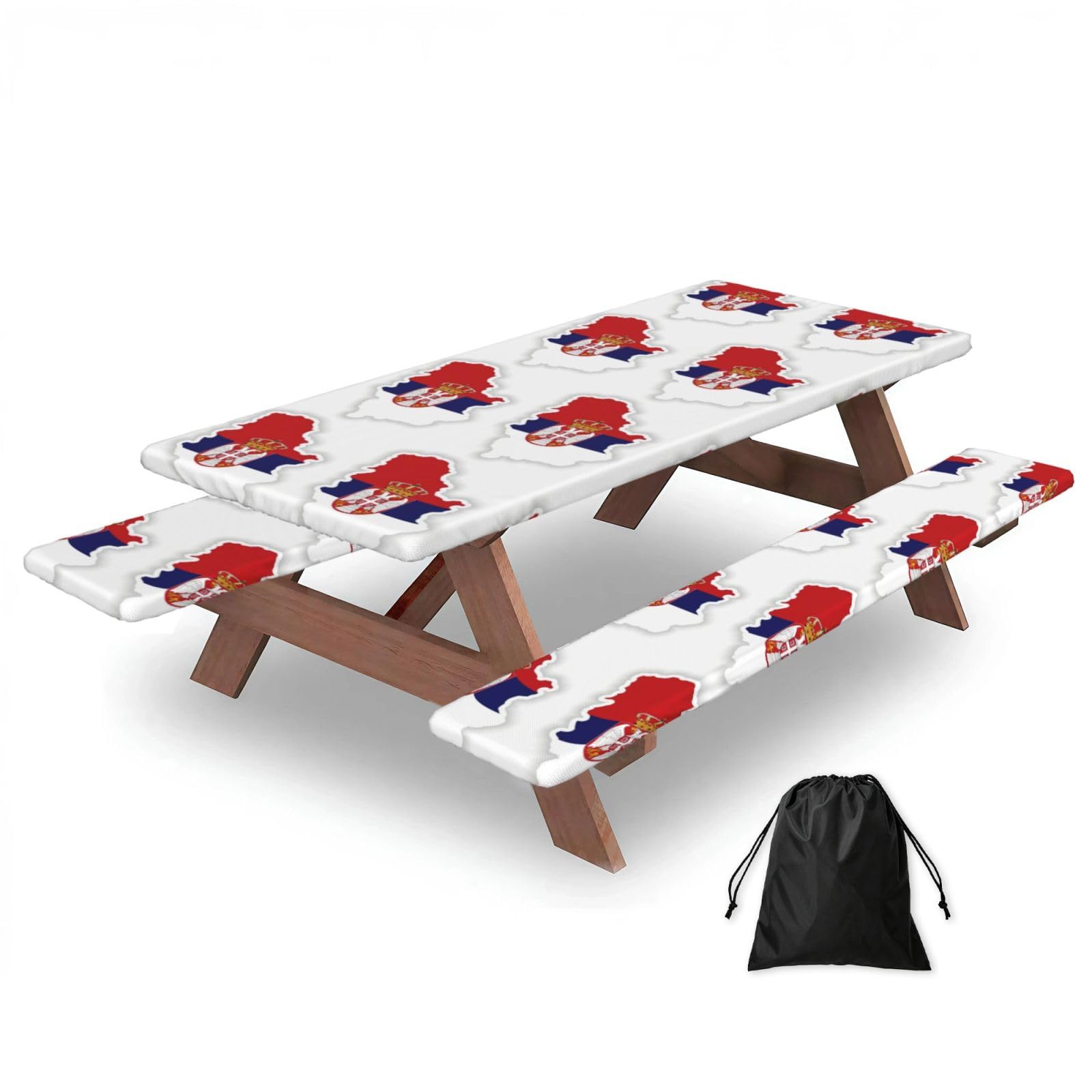 Zyjhyy Black Serbia Flag Map Print Party Table Covers With Bench Covers Set Of 3 Picnic Table Cloth Wipe Clean For Garden Camping