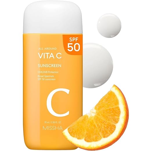 MISSHA All Around Vita C Sunscreen SPF 50/2.36 Fl Oz - Korean Sunscreen for Face with Vitamin C for Even Tone, Lightweight, Non-Sticky, Sebum Control