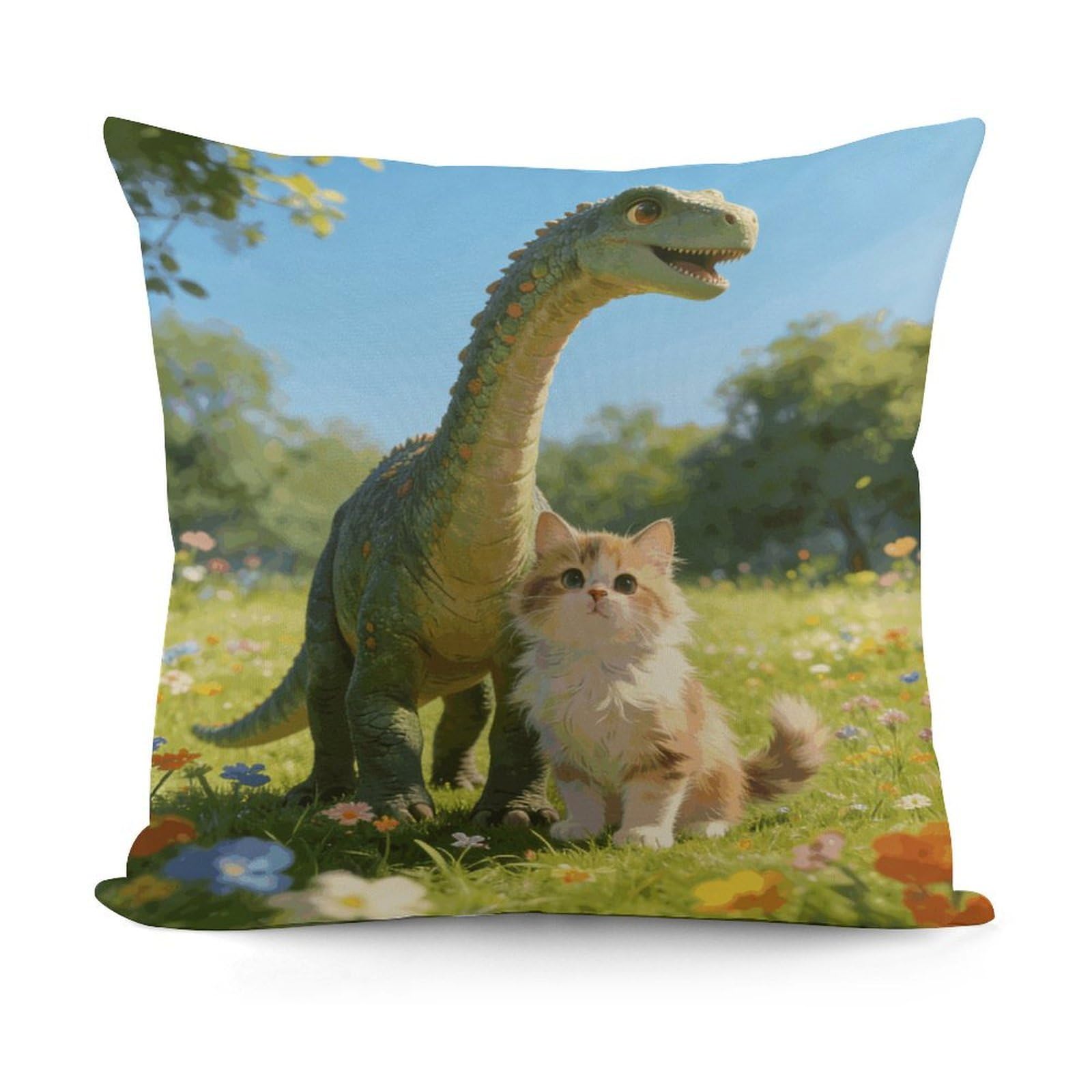 LZQPOEAS Cat and Dinosaur Throw Pillow Cover 18 X 18 in Cozy Couch Pillow Covers Farmhouse Throw Pillow Case Modern Square Pillowcase Home Decor Cushion Cover for Bedroom Living Room