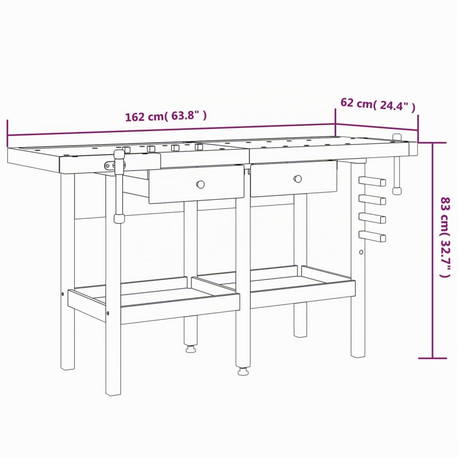 IKAYAA Banco de Trabajo de Madera Acacia 150 x 50 x 5,5 cm, con 2 Cajones, Mesa de Trabajo Taller, Mesa Trabajo, Banco de Carpintero, Banco Herramientas