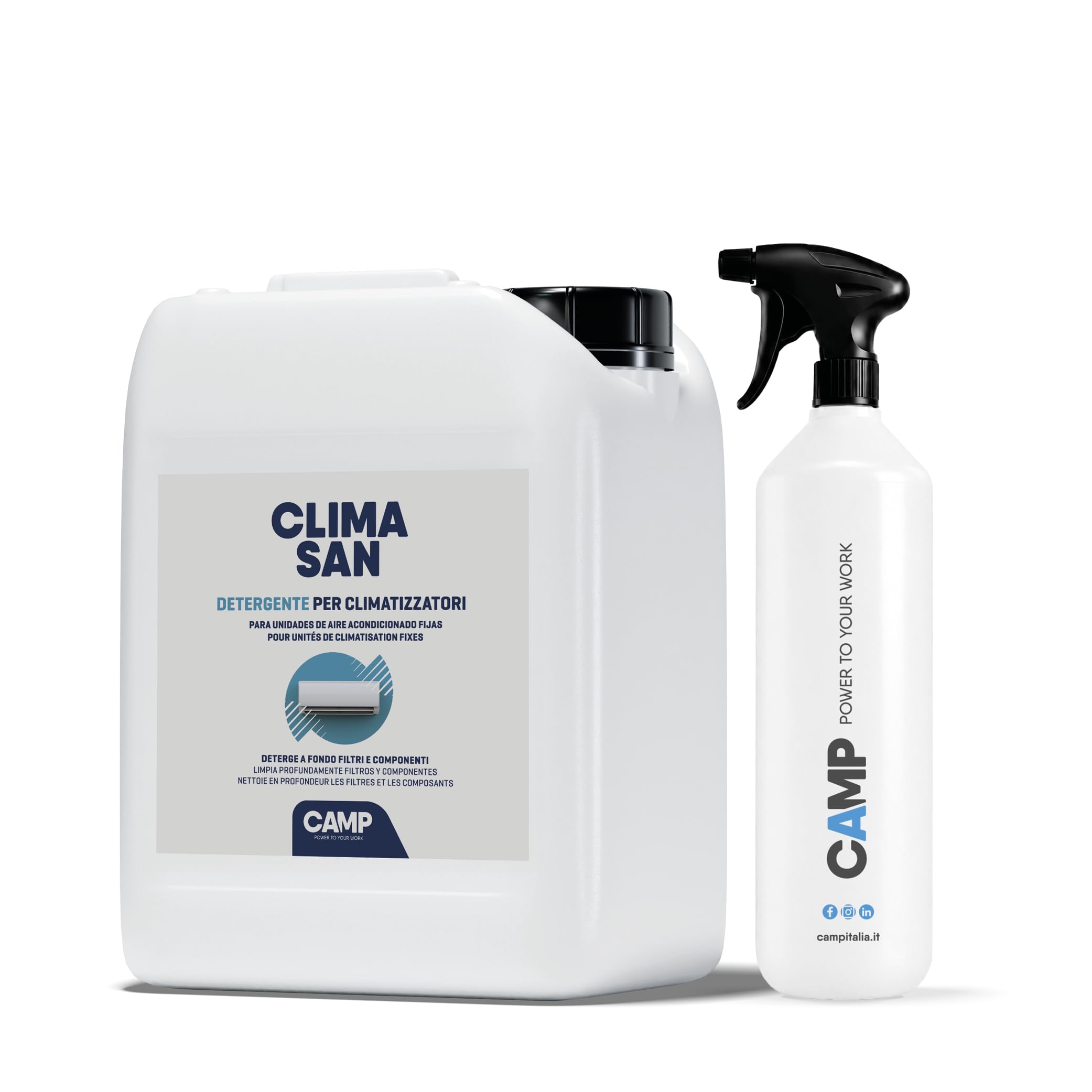 CAMP Climasan Détergent 5 L avec S-PRO 1 Pulvérisateur Gradué 1 L - Détergent pour Climatiseur pour Filtres et Composants, Élimine les Mauvaises Odeurs, Améliore les Performances des Installations