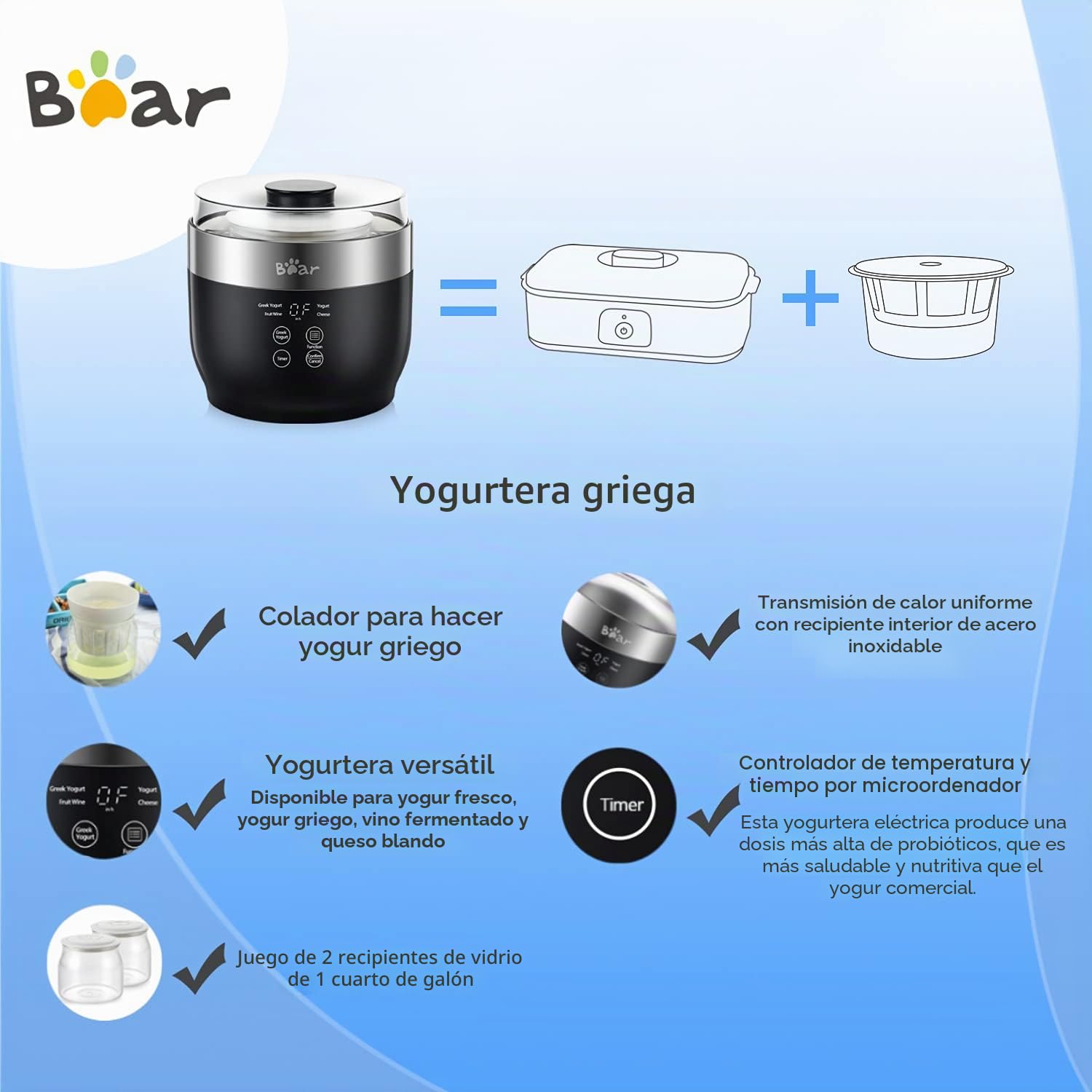 Máquina automática de yogur digital con olla interior de acero inoxidable, 2 tarros de vidrio (1 cuarto de galón) y colador para yogur orgánico en el hogar, color negro