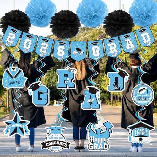 Image of Light Blue Graduation Decorations 2026: Graduation Decorations 2026 Class of 2026 Congrats Grad Banner Hanging Swirls for College Grad Party
