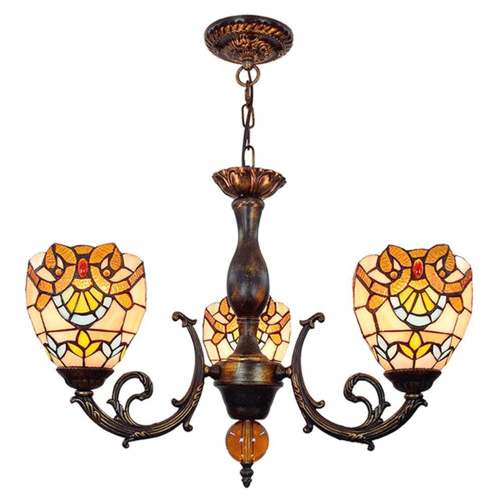 FYZDLAOR Baroque Vintage 3-Light Chandelier,Adjustable Pendant Light Light Fixtures,Tiffanystyle Stained Glass Hanging Light Wide 20 Inch Height 32 Inch
