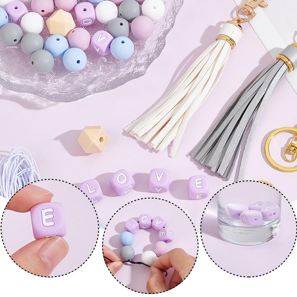 SUNNYCLUE Love Silicone Beads Keychain Making Kit Silicone Keychain Beads Letter Purple Round Cube Bead for Jewellery Making Kits Women Adult DIY Keychains Keyring Supplies - Image 3
