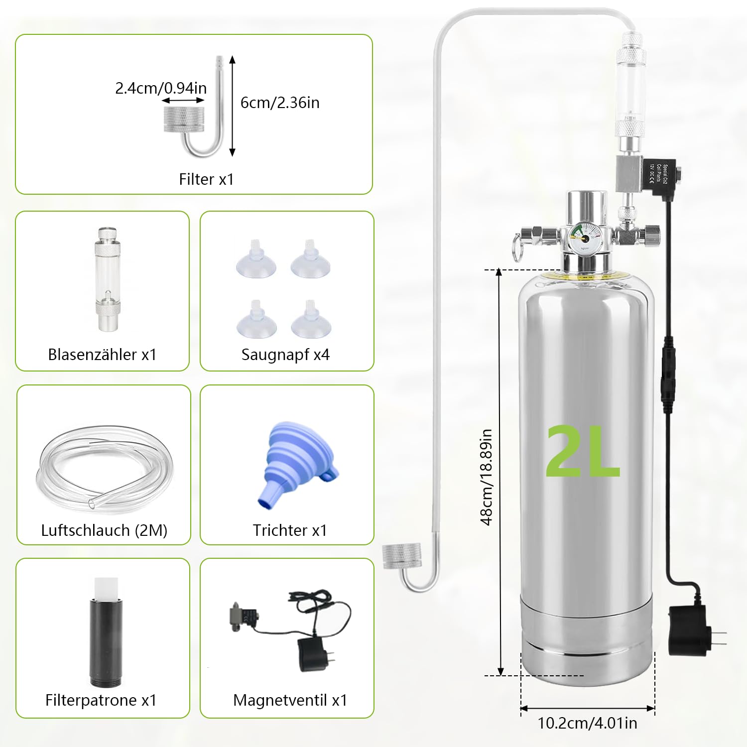 Akwarium generator CO2, 2 l, kompletny zestaw z dyfuzorem ze stali nierdzewnej, zaworem magnetycznym, precyzyjnym manometrem, wężem powietrznym 2 m, przyssawkami, lejkiem, miarką do akwarium i