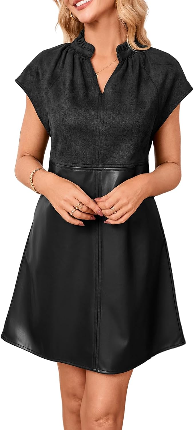 Women’s Faux Suede Mini Dress 2025 Fall Cap Sleeve V-Neck Faux Leather Dress - Image 2