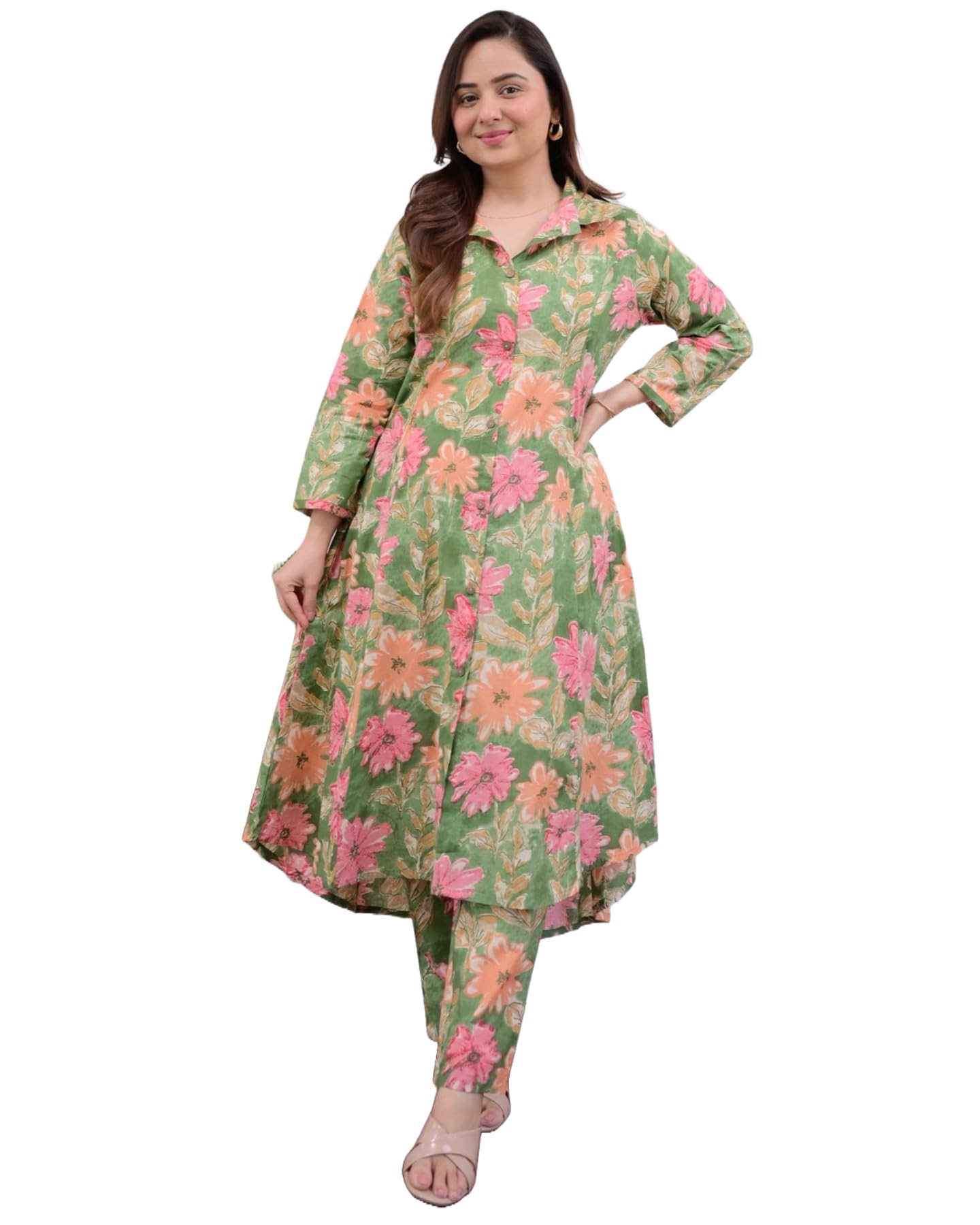 Pista Green Cotton Coord Calf-length Gown and Pant Set: Floral Printed, Button Line Work and Regular Fit || Coord set for Women and teenage girls-image-25