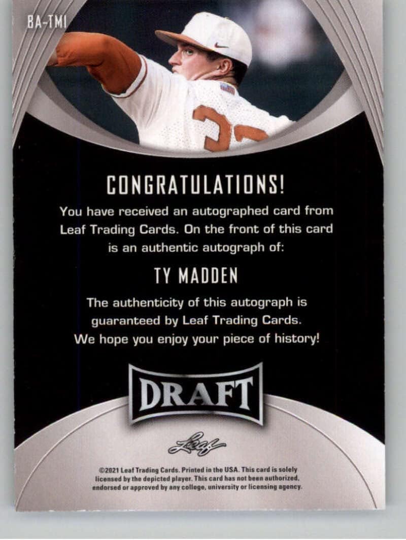 2021 Leaf Draft Autographs #BA-TM1 Ty Madden RC Rookie Card Auto Autograph XRC Draft/Prospect Baseball Card in Raw (NM or Better) Condition