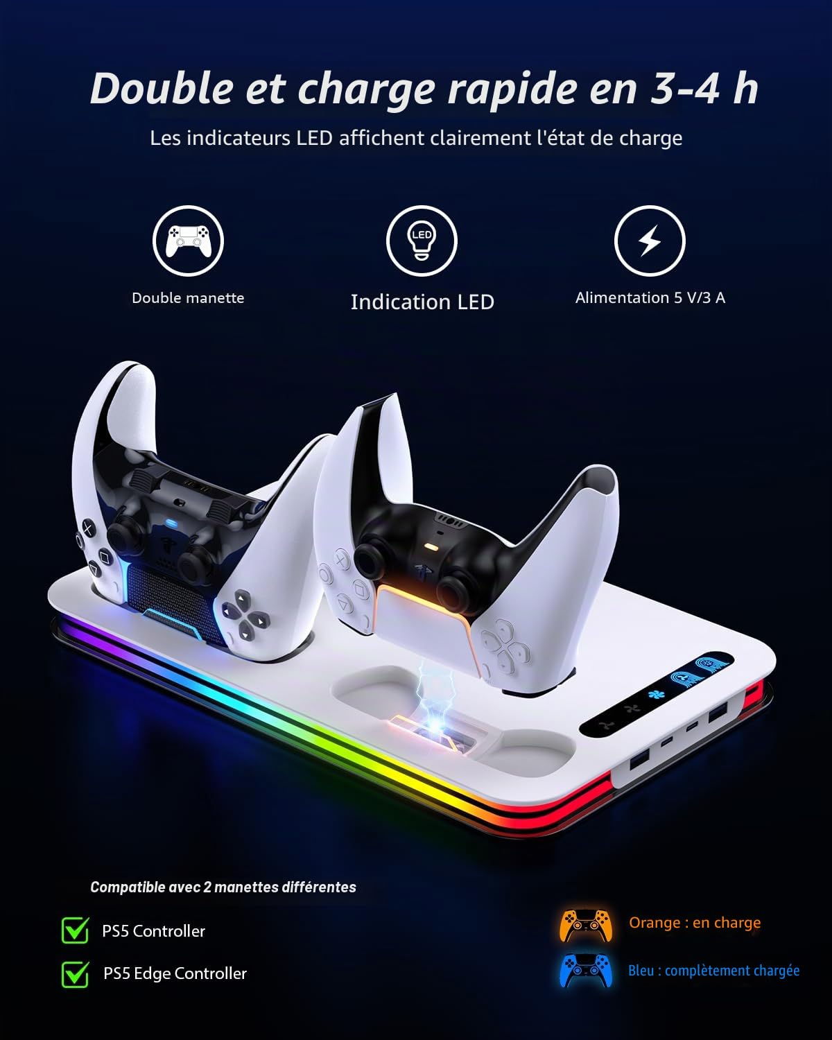 Support PS5 pour PS5/PS5 Slim/PS5 Pro, P5 Ventilateur Station de Refroidissement avec Ventilateur à 3 Niveaux et 8 Lumières RGB, Chargeur Double Manette, 6 Emplacements de Jeu, 4 Ports