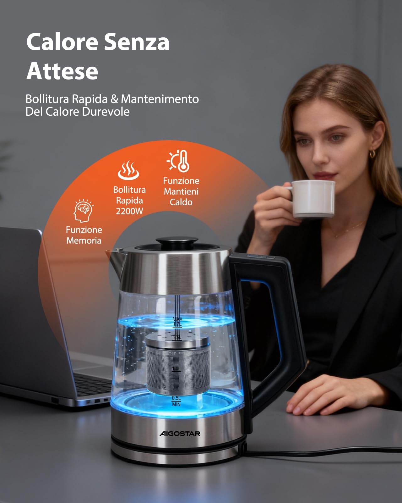 Aigostar Bollitore Elettrico Temperatura Regolabile, Senza BPA Rivestimento Ceramico | Rivestimento Ceramico Anticalcare, 1,7 Litri, 2200 Watt, Teiera Elettrica con Infusore, Funzione di Mantenimento Calore