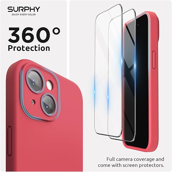 SURPHY Designed for iPhone 15 Case Compatible with MagSafe (6.1 inch 2023), with 2 Pack Screen Protector, Liquid Silicone Phone Case (Camera Protective & Soft Microfiber Lining) (Guava)