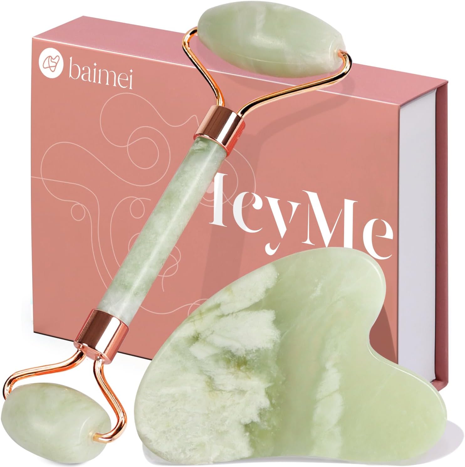 IcyMe Jade Roller & Gua Sha Set Face Roller and Gua Sha Facial Tools for Skin Care Routine and Puffiness, Self Care Gift for Men Women - Light Green