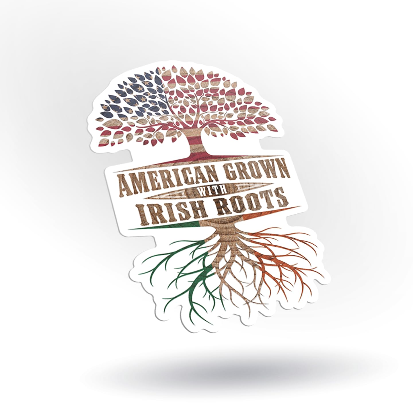 Heritage Tree Vinyl Sticker – American Grown with Ancestry Roots – 5 x 3.25 Inch Patriotic Decal – Red, White & Blue Leaves with Country Flag Roots –