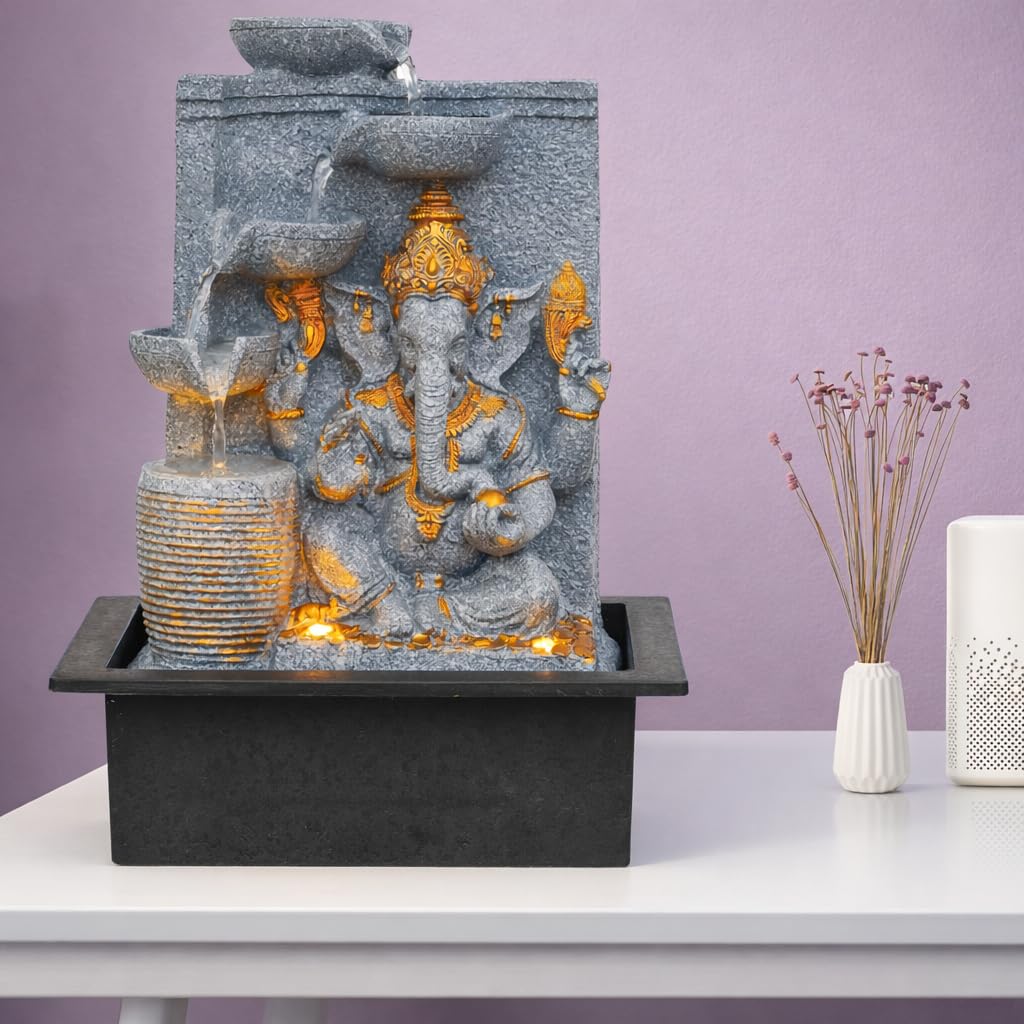 UAG EXPORTS 4-Diya Ganesha Indoor Water Fountain with LED Light & Adjustable Pump - Lord Ganesh Waterfall for Home Decor, Office Tabletop, Vastu Positive Energy & Relaxing Natural Water Sound Gifting-image-45