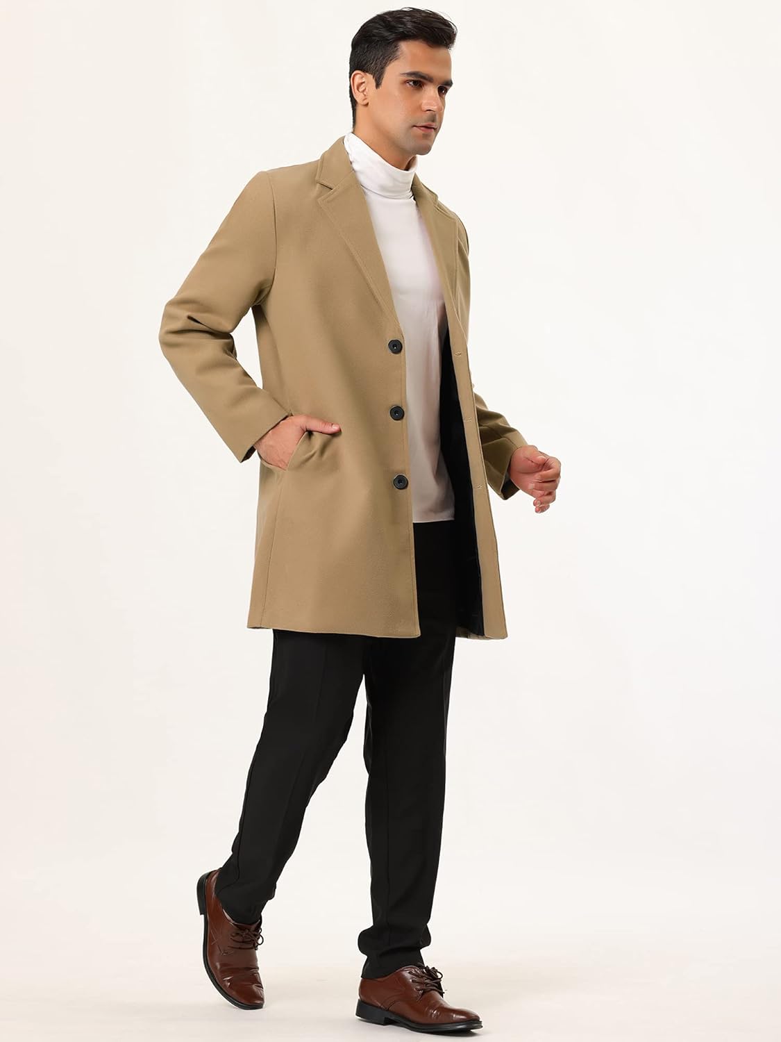 Lars Amadeus Men's Trench Coat Slim Fit Winter Notched Lapel Single Breasted Long Jacket Overcoat - Image 5