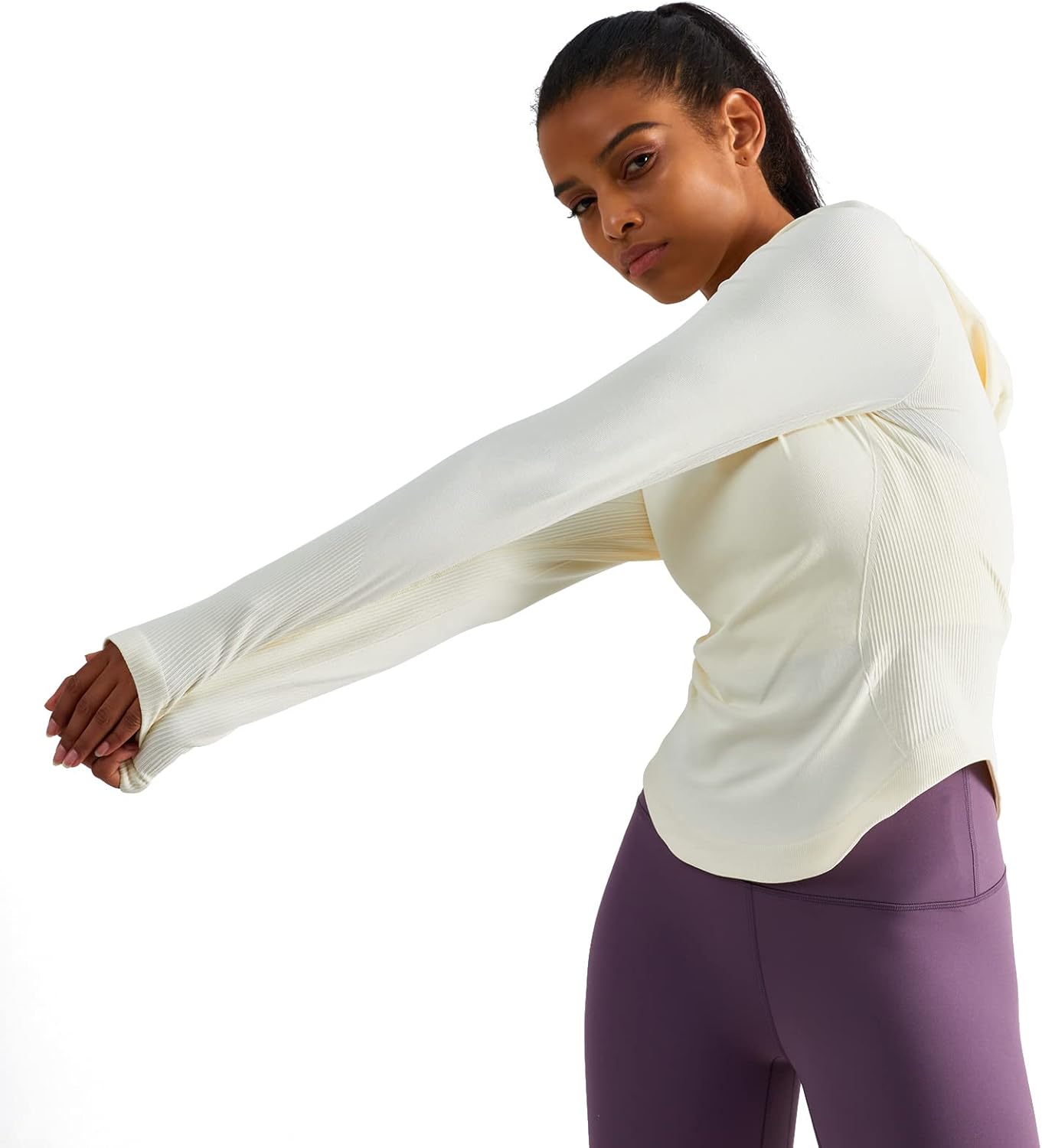 Womens Hooded Athletic Long Sleeve Running Shirts Workout Yoga Tops with Thumb Holes Slim Fit - Image 6