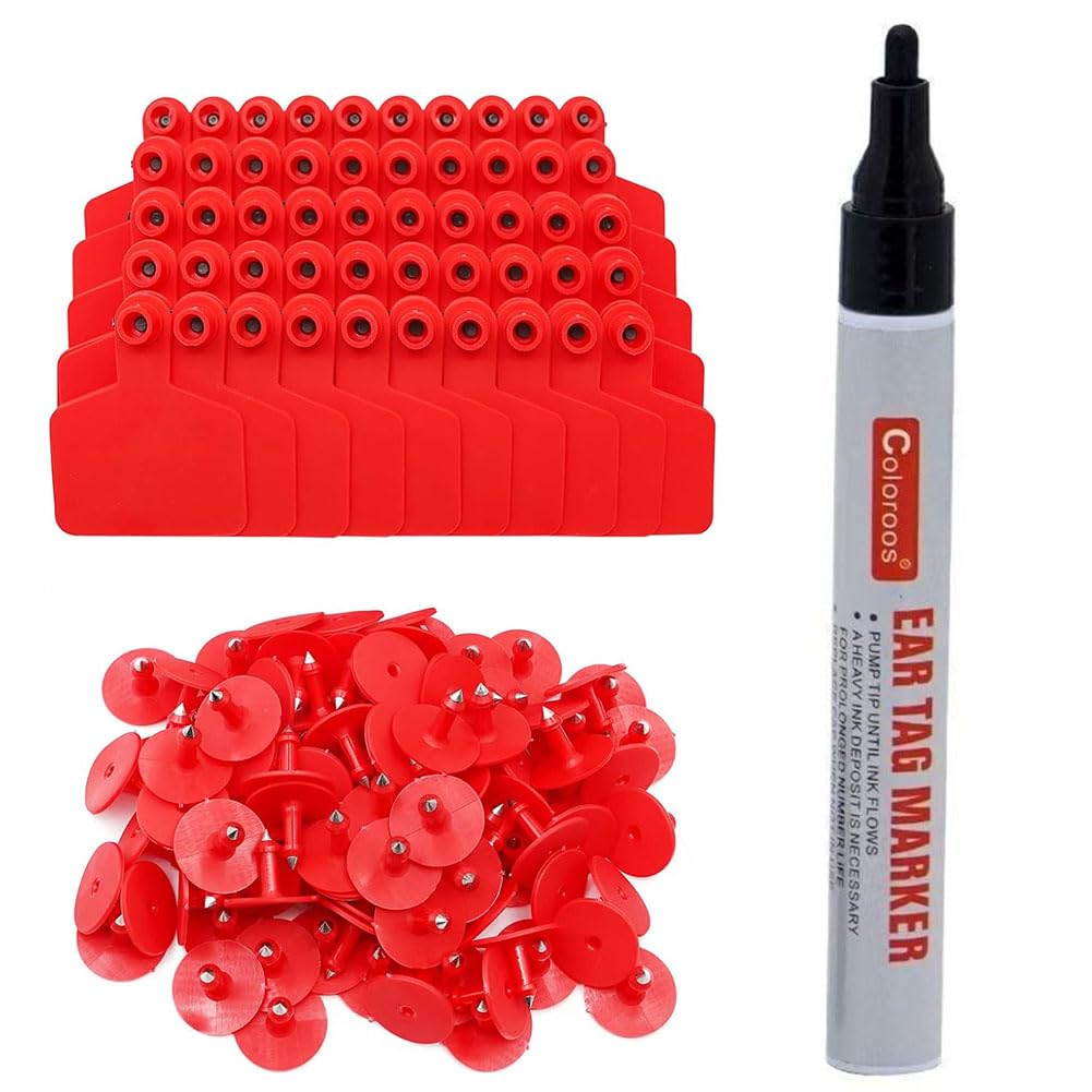 Etiquetas de identificación para animales, Etiquetas for orejas de vaca y ganado en blanco, marcador de identificación de animales, Multicolor, 100 Uds./100 Uds. + bolígrafo(Red,100pcs+pen)