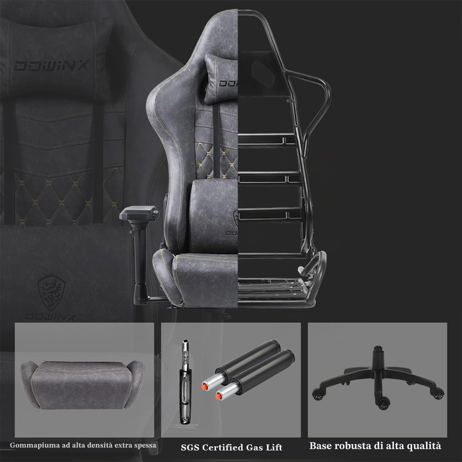 Dowinx Sedia da gioco ergonomica reclinabile in stile racing con supporto lombare massaggiante, braccioli 4D, sedia per computer in pelle PU con poggiapiedi retrattile grigio