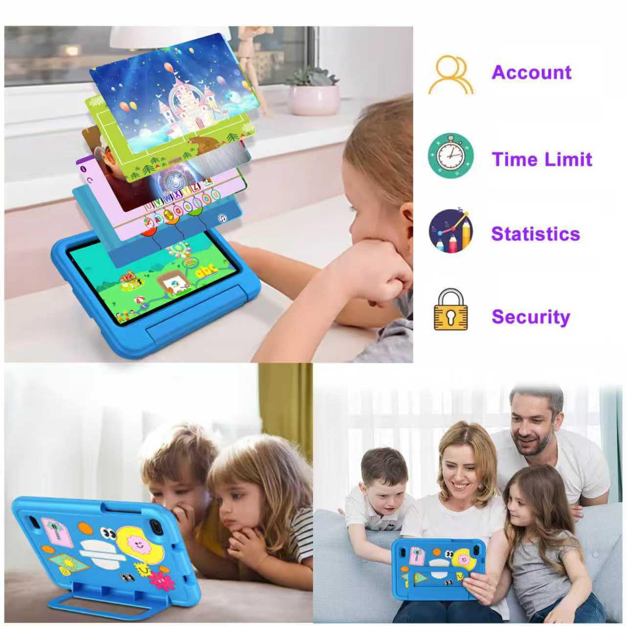 Tablet per Bambini Andorid 14 Tablets 7 Pollici 10GB RAM + 64GB ROM (TF 1TB), 5G WiFi 6, BT5.0, Octa-Core, Controllo Parentale | Doppia Fotocamera | GMS Certificated | GPS | Tablet con Custodia - Blu
