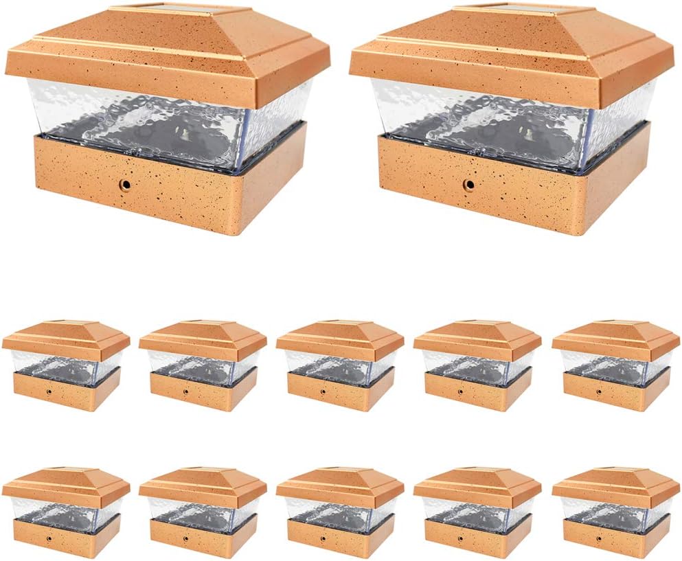 12 Pack Copper Outdoor Garden 5 x 5 Solar LED Post Deck Cap Square Fence Light Hammered Lens Landscape Lamp PVC Vinyl