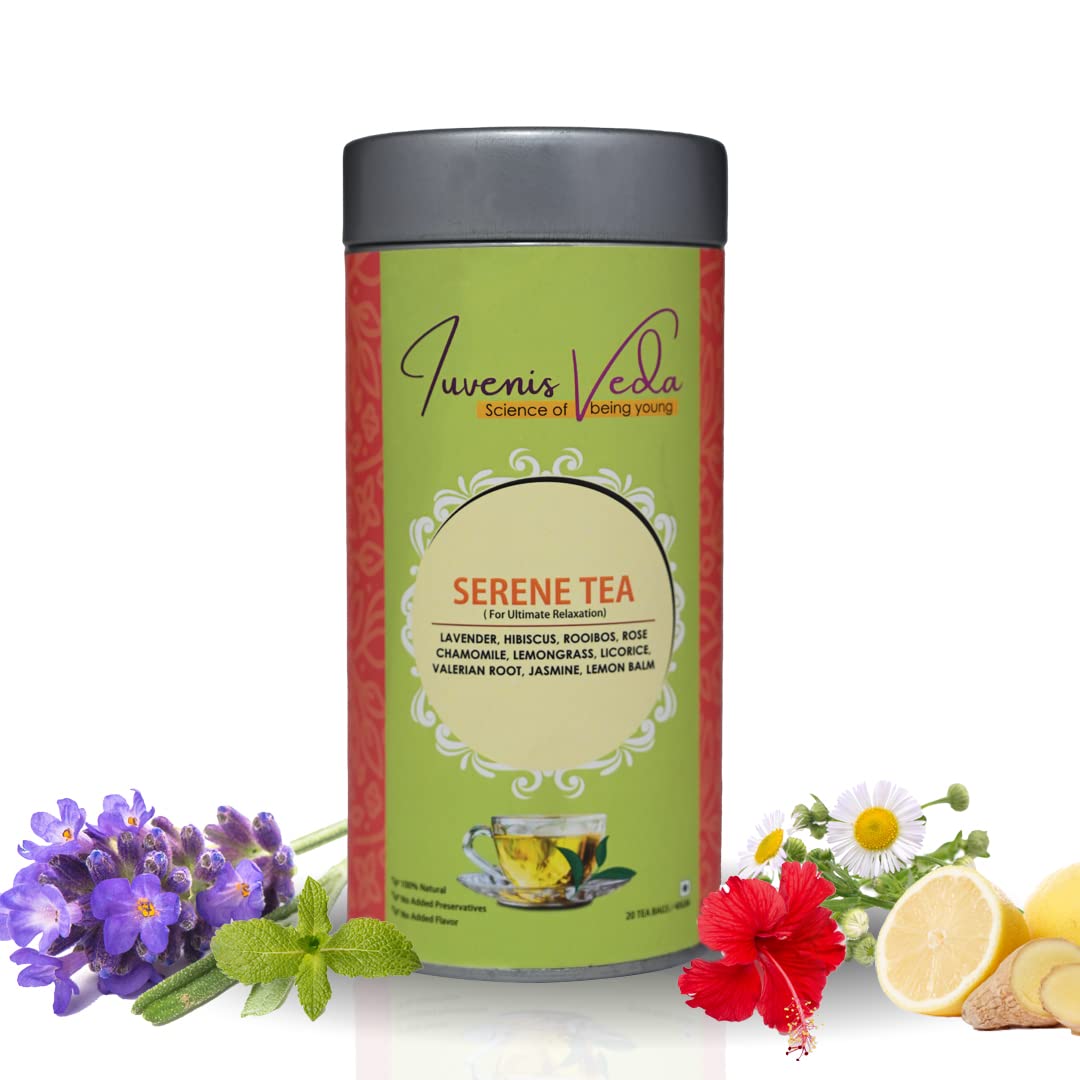 Iuvenis Veda Organic Green Herbal Serene Tea - 20 Tea Bags, Calmness and Relaxation For Men & Women Both