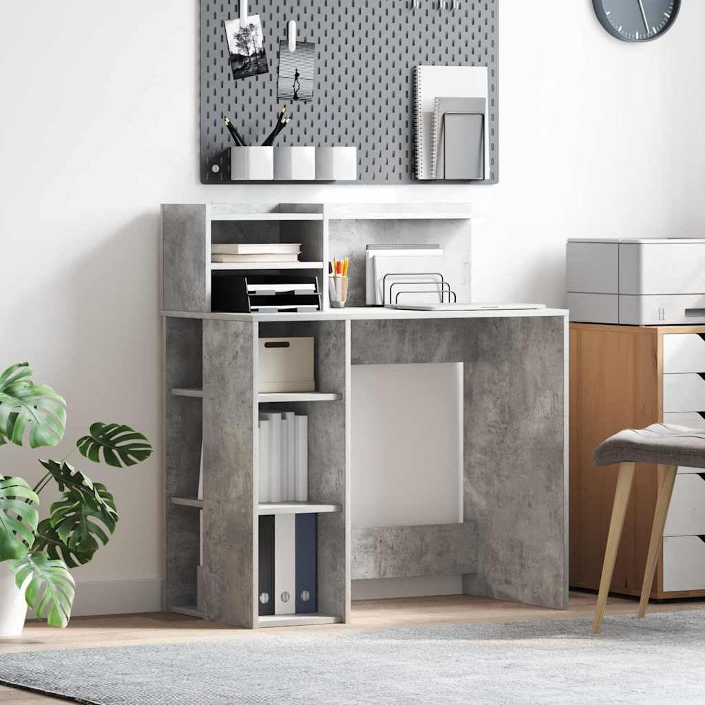 Scrivania in legno grigio cemento, 90 x 48 x 101,5 cm, con 4 ripiani, moderna scrivania da ufficio per casa e studenti, ideale come tavolo da lavoro e scrivania per computer in stile