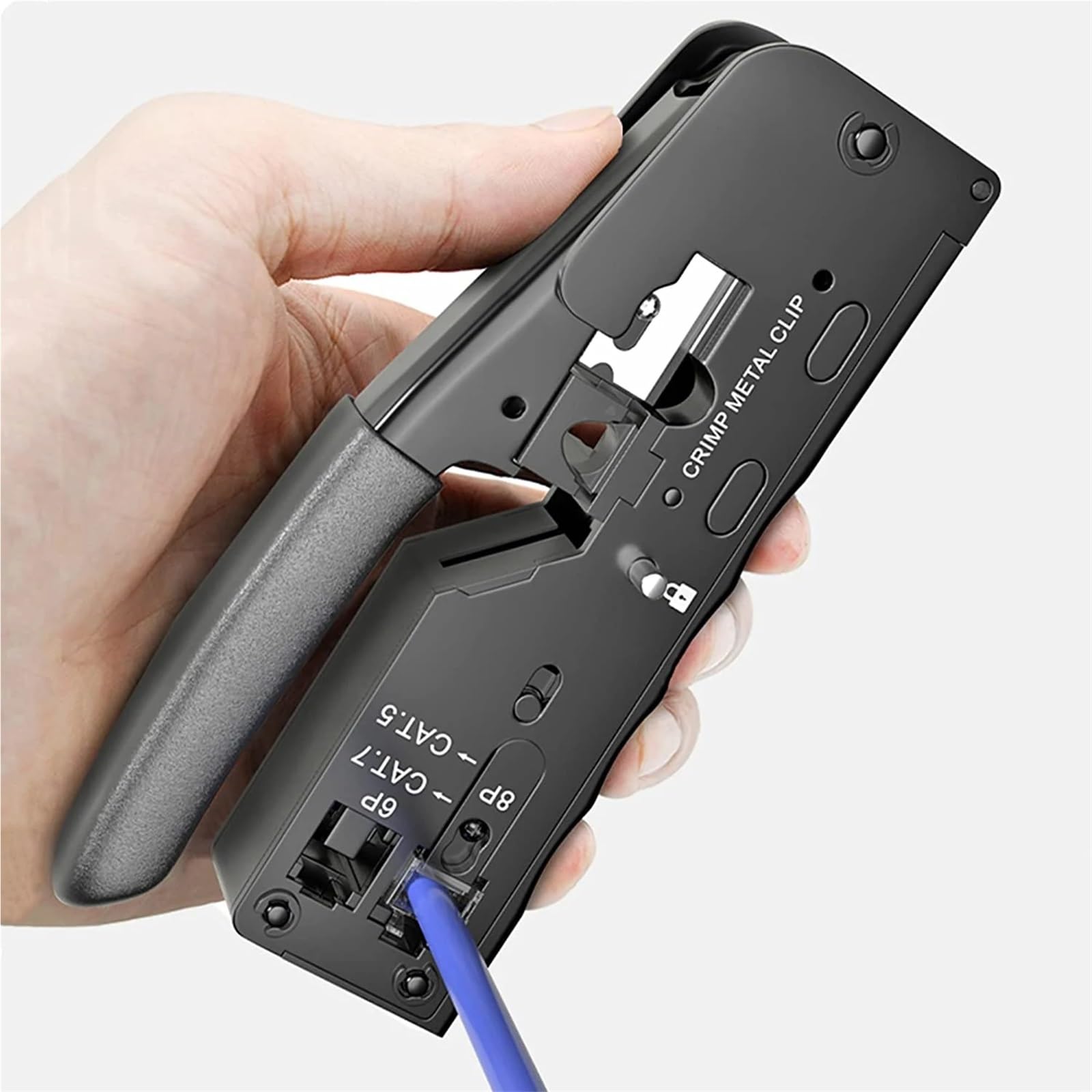 Crimpatrice passante all-in-one for connettori di rete standard e schermati RJ45 RJ12 RJ11 e CAT5/5e CAT6 CAT6a CAT7(Black)