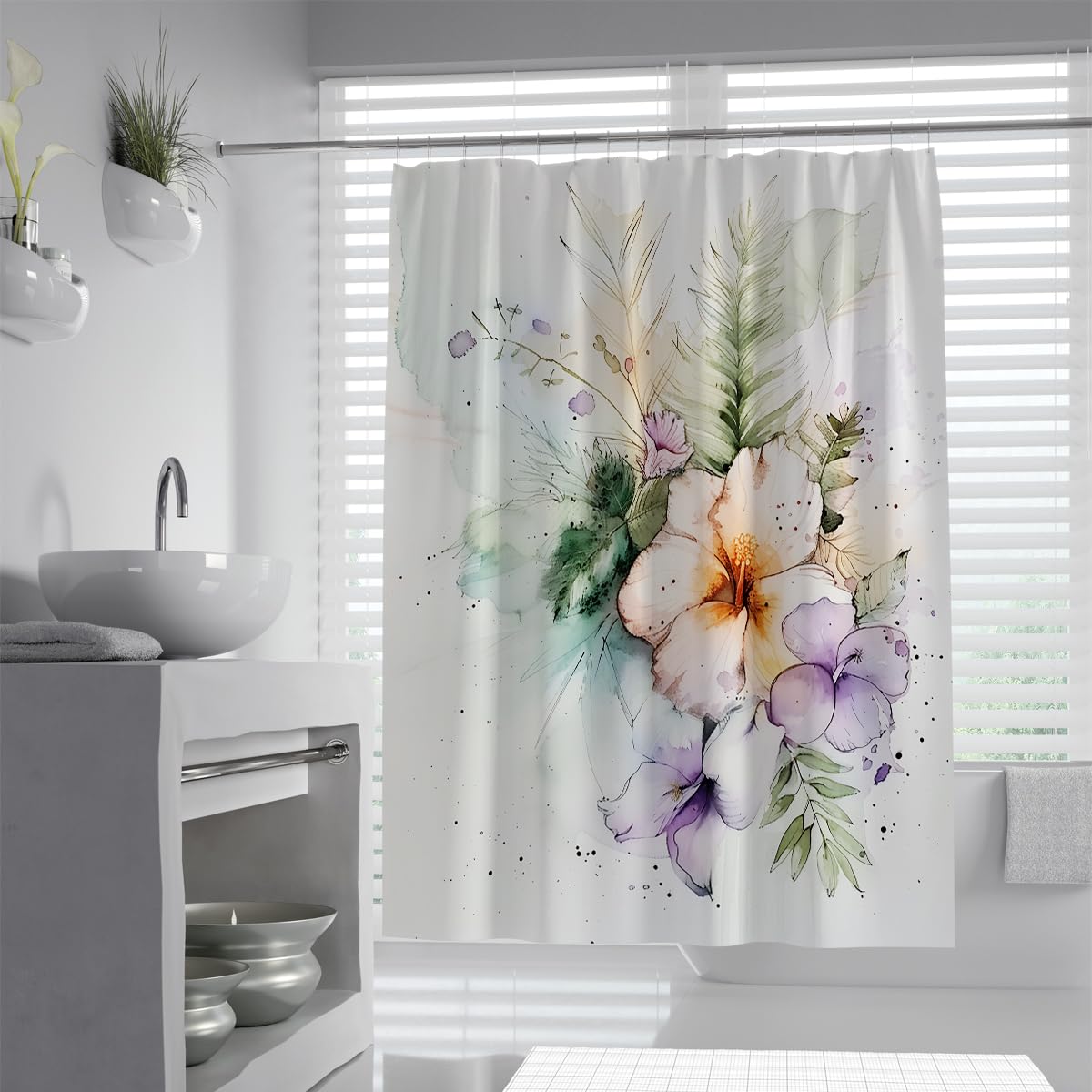 UIRINGART Botanical Watercolor Shower Curtain W200xL240cm Elegant Floral Pattern Water Repellent Quick Dry Bathroom Decor with Hooks