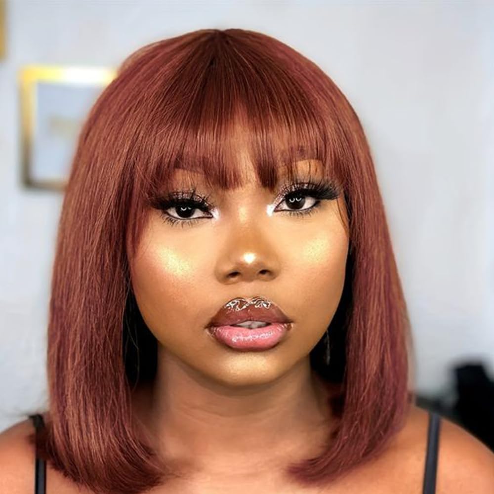 JOEDIR HAIR Reddish Brown Short Bob Wigs Human Hair 10 Inch HD Lace Glueless Wear and Go Bob Wig With Bangs Human Hair Wig for Black Women 2x1 Lace