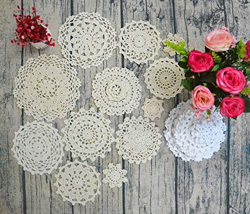 TOSEEY 24 Vintage Hand Made Crochet Doilies Crochet Motifs 2-7 inches Round White Beige (12pcs Beige & 12pcs White) - Thumbnail 4