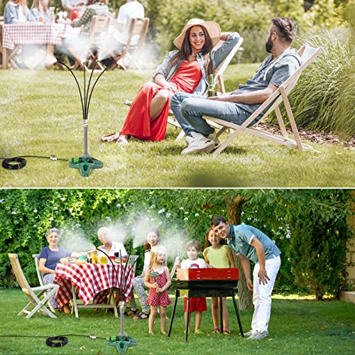 Moukiween Stand Misters for Outside Patio with Adjustable Riser Tube (up to 46in) - 4 Brass Nozzles and 26FT Line Standing Misting Cooling System for BBQ, Patio, Pool, and Water Activities