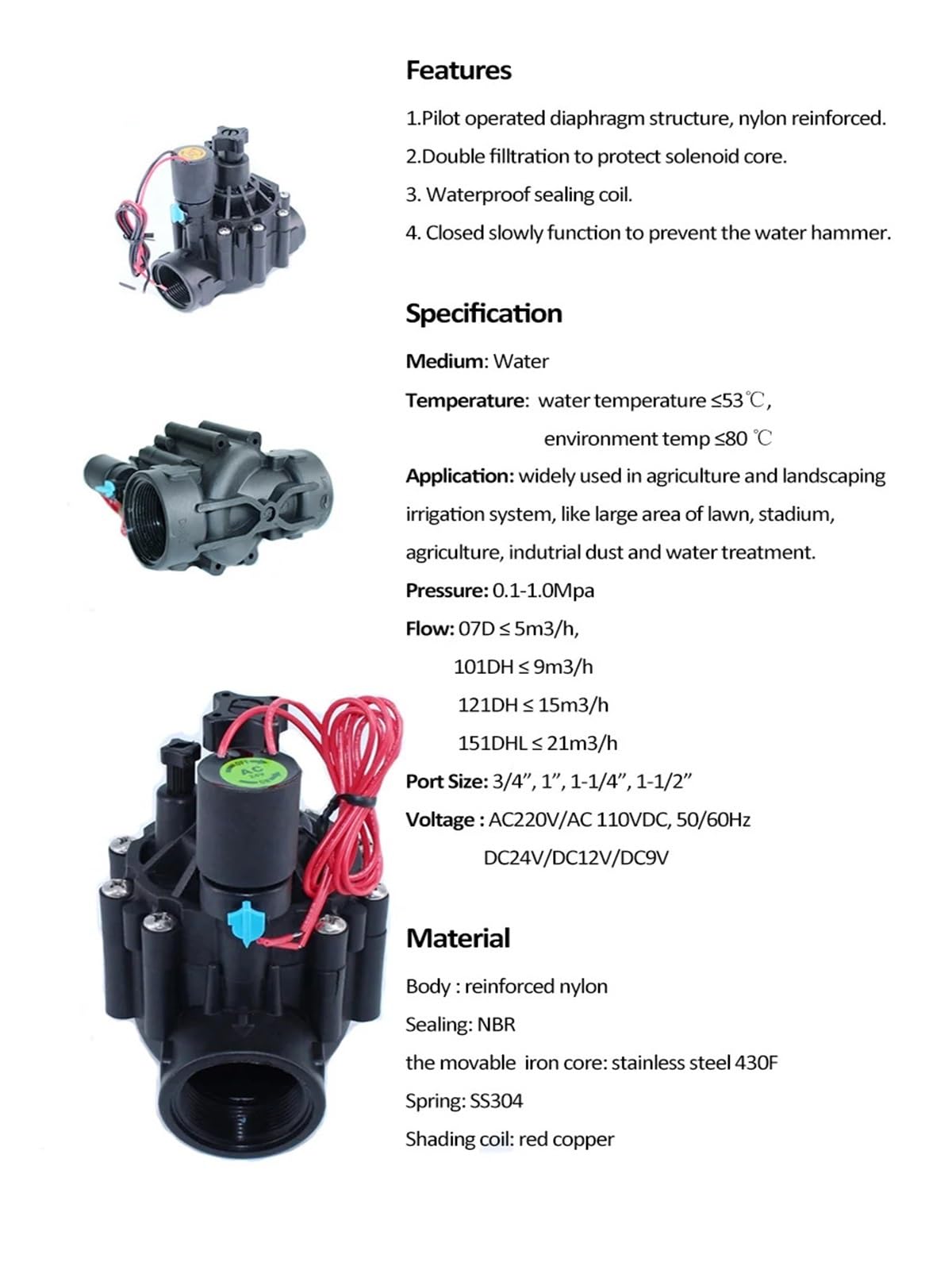 Electroválvula de riego de 3/4'', bidireccional, 220 V, 12 V, 24 V CC, con Enclavamiento y regulación de caudal for riego agrícola.(DC 12V)