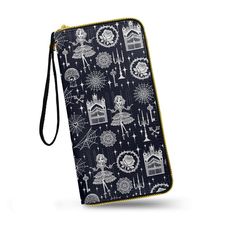 Witchy Lady Print Leather Long Wallet for Women, Gothic Night Castle Spiderweb Zippered Ladies Clutch Wallet PU Vegan Leather Zip Around Credit Card Holder