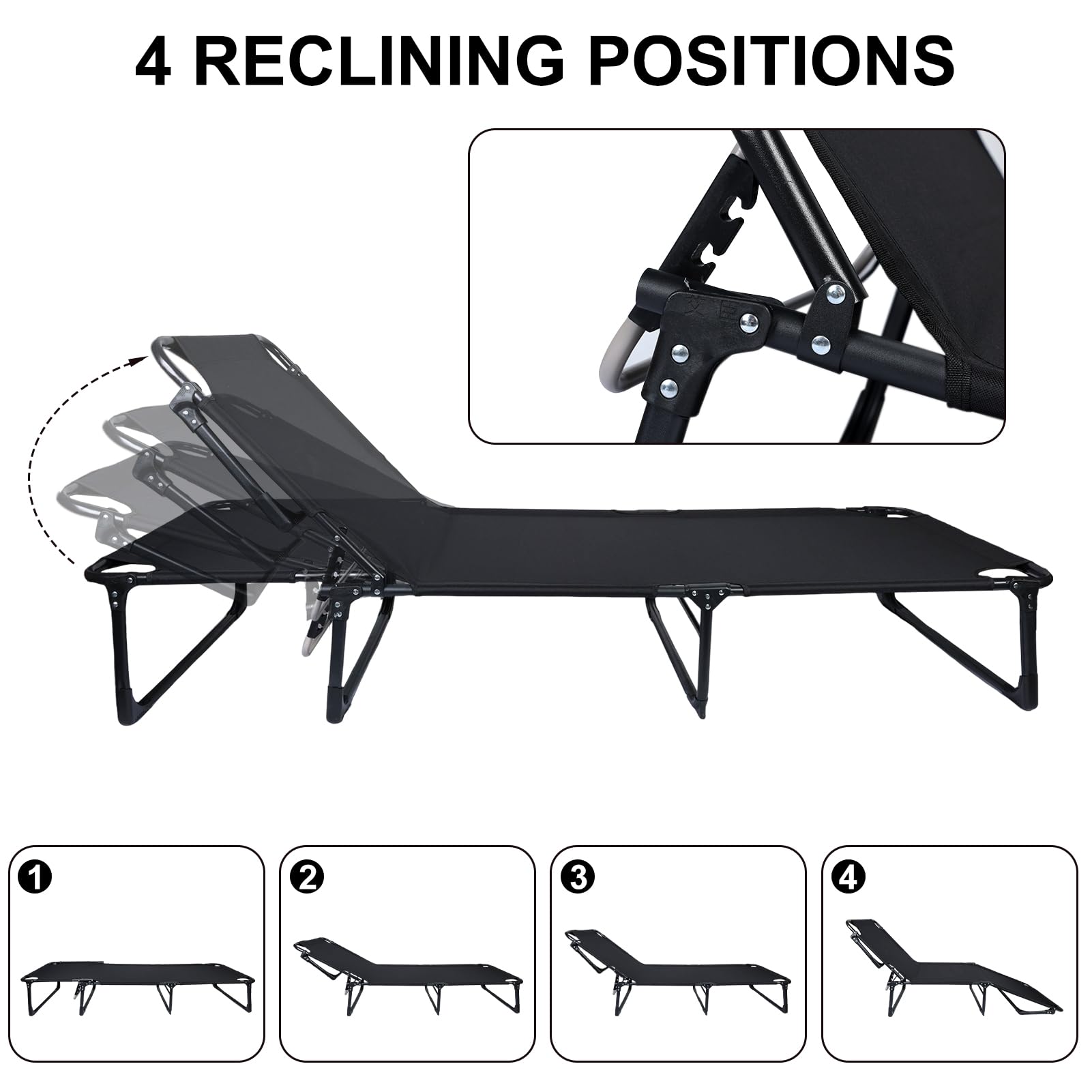 Lit de Camp, Chaise Longue Pliante inclinable à 4 Positions pour Adultes avec Oreiller, lit de Camp d'extérieur, Parfait pour Le Bureau, la Piscine, la Plage, Le Patio 75 cm