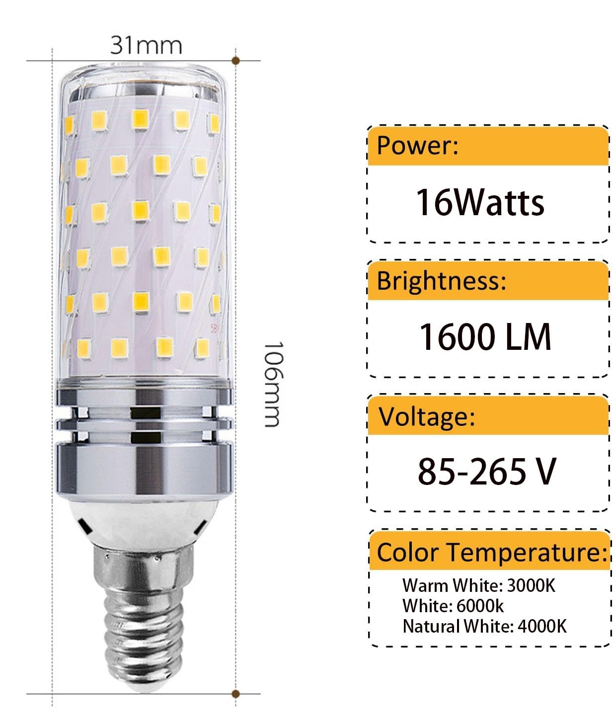 lámparas LED, Bombilla LED E14 de 16 W, 85 V-265 V, equivalente a una bombilla halógena 160, casquillo mazorca, 1600 lm, no regulable, paquete 4(Natural White)