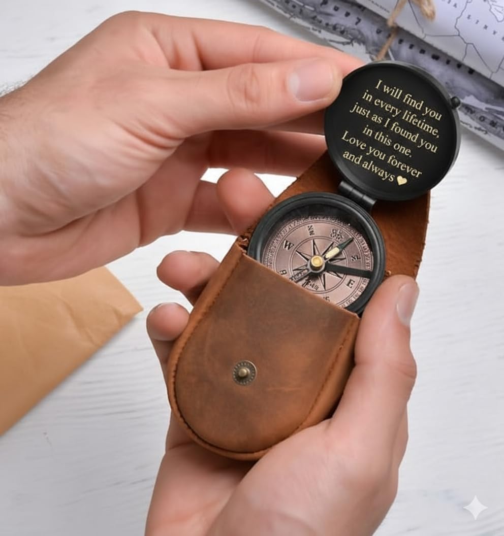 Personalized Brass Black Pocket Compass Chain with Leather case Brass Nautical Birthday Gift for Your lovedones