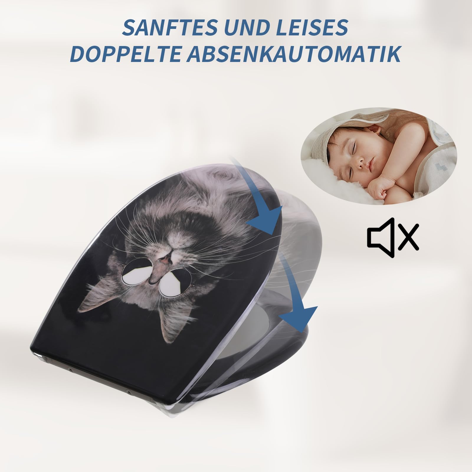 Toilettendeckel mit Absenkautomatik, WC Sitz mit Absenkautomatik Oval Form klodeckel Einfache Reinigung, Abnehmbarer WC-Sitz, 150kg belastbar, einfache Montage – Motiv: Schwarze Katze