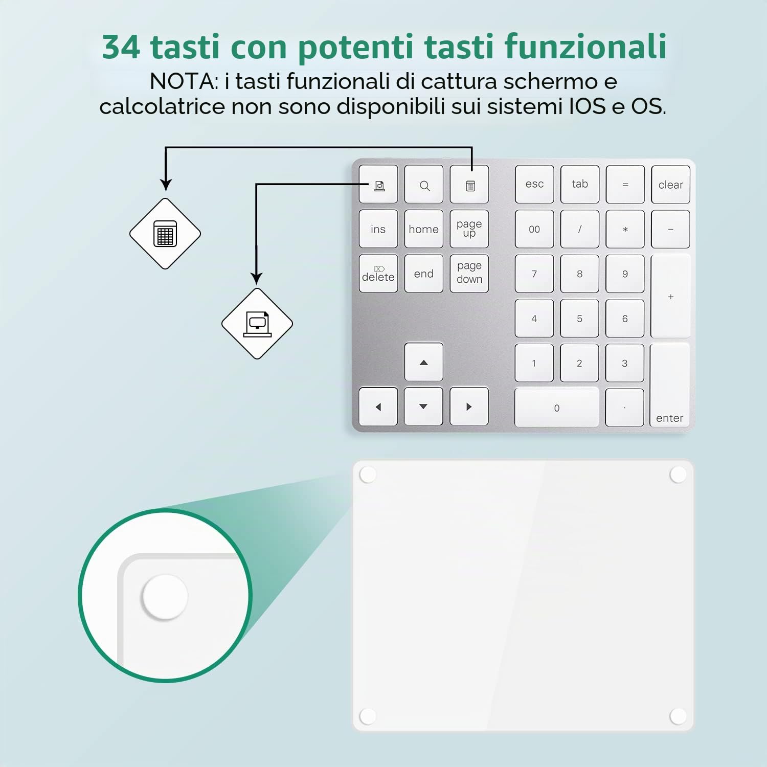 Tastierino Numerico Bluetooth in Alluminio, 34 Tasti Esterni, Tastiera Scorciatoia per iMac, iOS Air, PRO e Mac Mini, D'argento