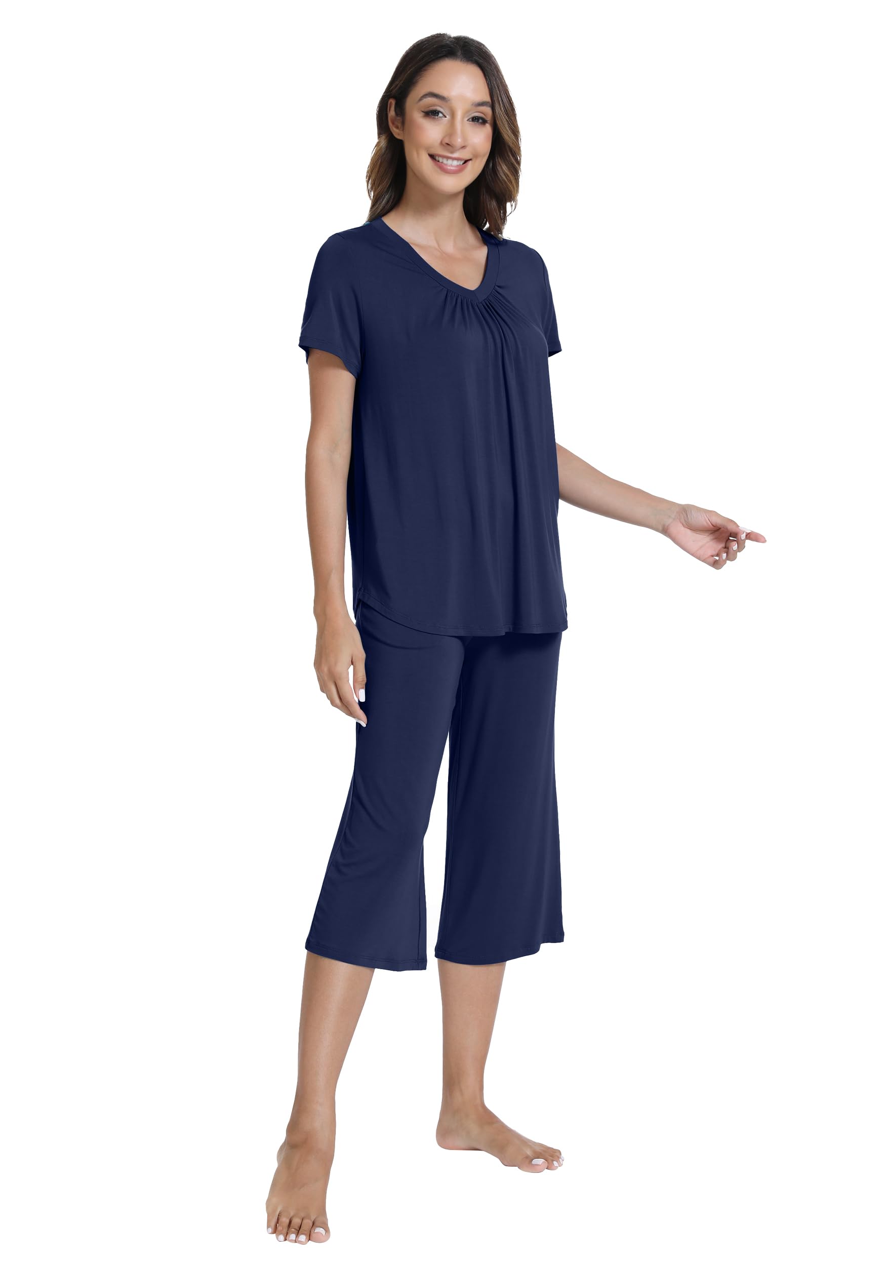 WiWi Pajamas for Women Short Sleeve Top And Capri Pants Loungewear Soft 2 Piece Capris Pjs Casual Pajama S-XXL