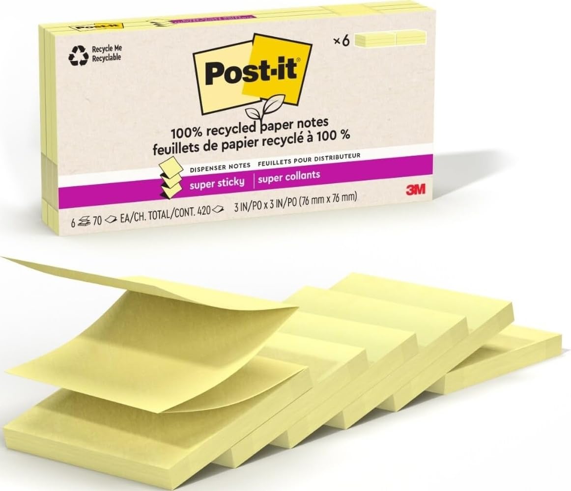 Post-it 100% recyceltes Papier, super Haftnotizen, 2 x die Haftkraft, 7,6 x 7,6 cm, 6 Bl cke/Packung, 70 Blatt/Block, Kanariengelb (R330R-6SSCY)